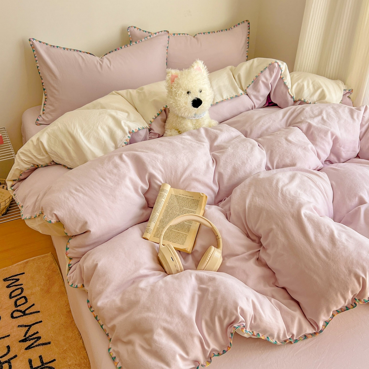 91家纺网 家纺一手货源 找家纺 冕悠家纺 2025新款A类七彩贝壳边水洗棉四件套-加微信提供买家秀2 七彩-奶白暮山紫