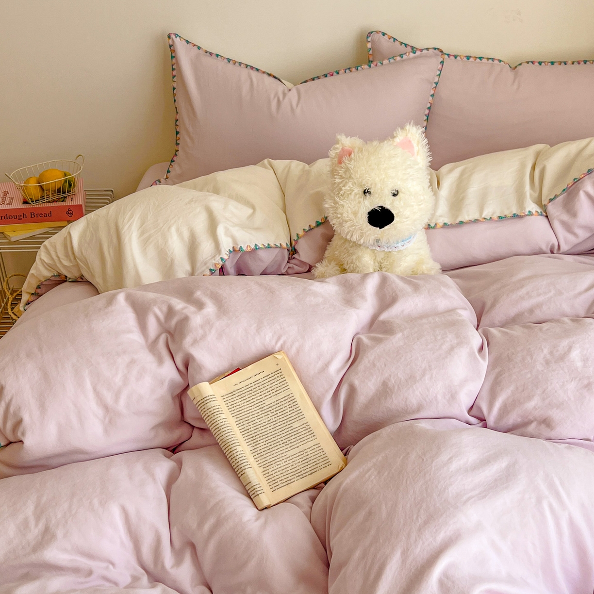 91家纺网 家纺一手货源 找家纺 冕悠家纺 2025新款A类七彩贝壳边水洗棉四件套-加微信提供买家秀2 七彩-奶白暮山紫