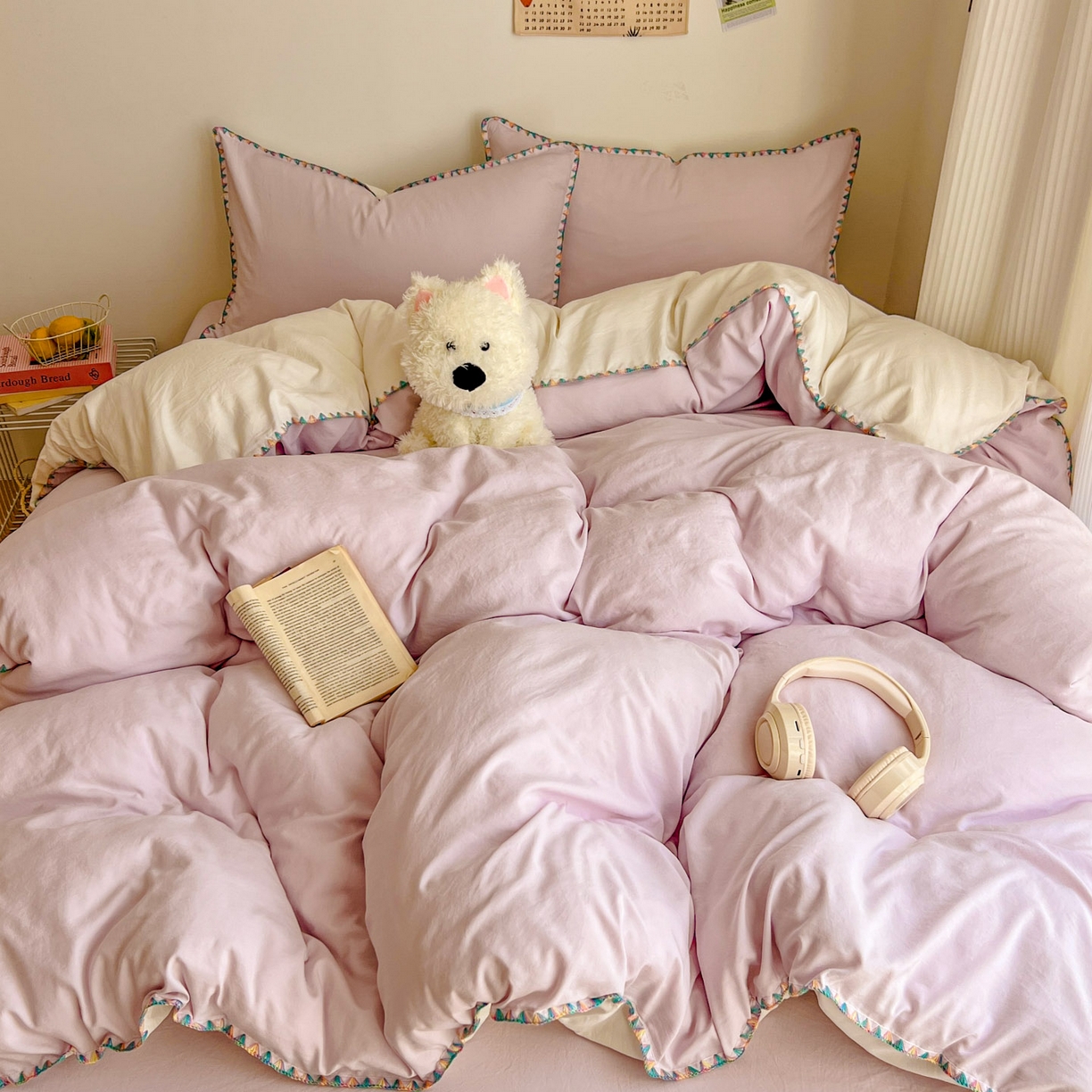 91家纺网 家纺一手货源 找家纺 冕悠家纺 2025新款A类七彩贝壳边水洗棉四件套-加微信提供买家秀2 七彩-奶白暮山紫