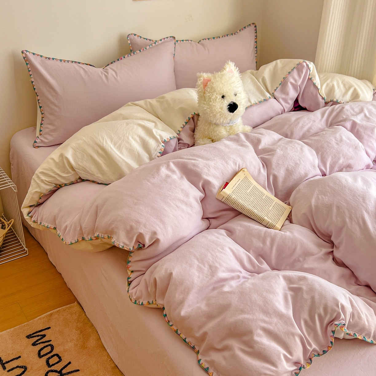 91家纺网 家纺一手货源 找家纺 冕悠家纺 2025新款A类七彩贝壳边水洗棉四件套-加微信提供买家秀2 七彩-奶白暮山紫