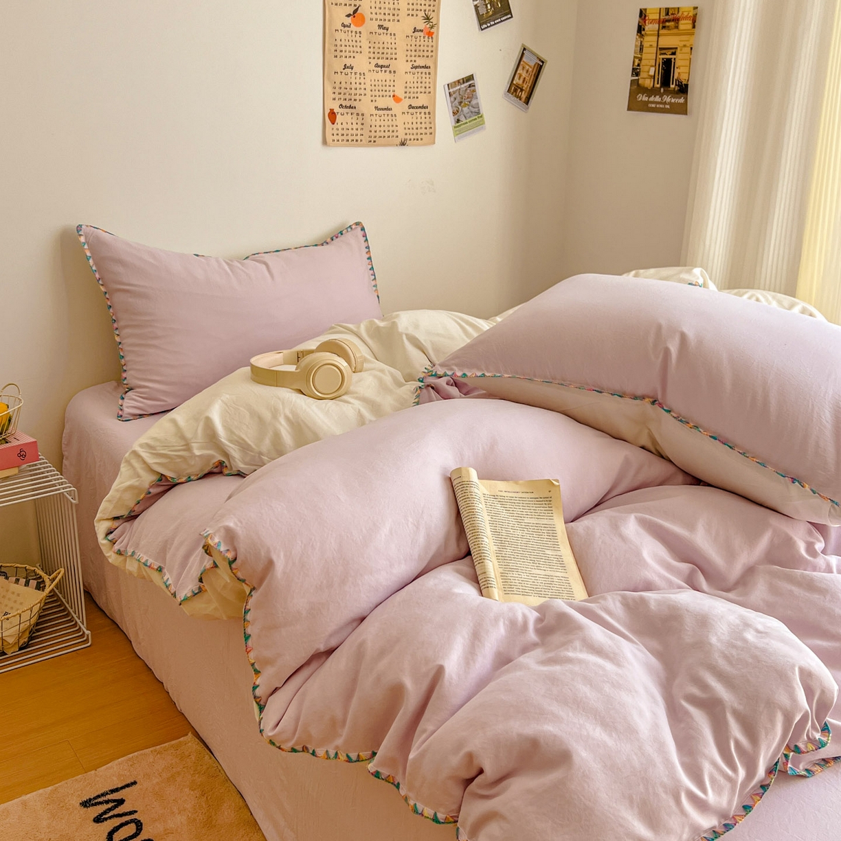 91家纺网 家纺一手货源 找家纺 冕悠家纺 2025新款A类七彩贝壳边水洗棉四件套-加微信提供买家秀2 七彩-奶白暮山紫