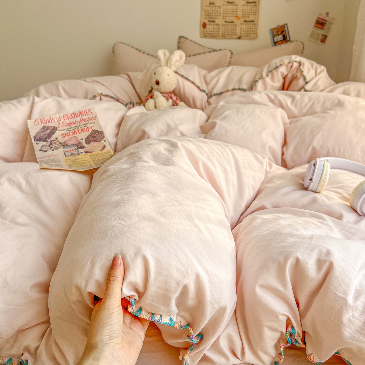 冕悠家纺 2025新款A类七彩贝壳边水洗棉四件套-加微信提供买家秀2 七彩-藕粉