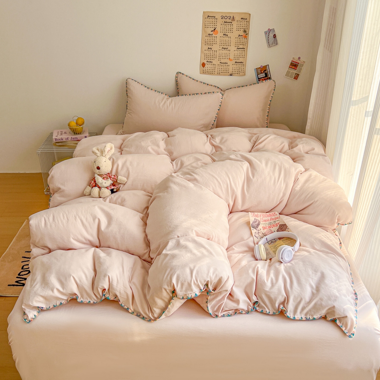 91家纺网 家纺一手货源 找家纺 冕悠家纺 2025新款A类七彩贝壳边水洗棉四件套-加微信提供买家秀2 七彩-藕粉