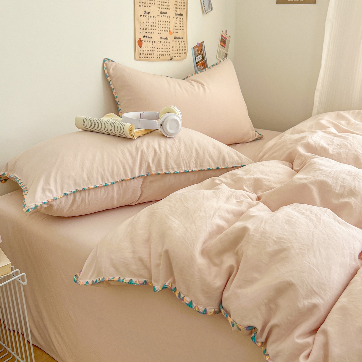 91家纺网 家纺一手货源 找家纺 冕悠家纺 2025新款A类七彩贝壳边水洗棉四件套-加微信提供买家秀2 七彩-藕粉