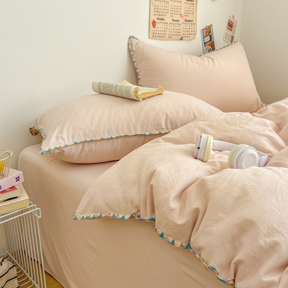 91家纺网 家纺一手货源 找家纺 冕悠家纺 2025新款A类七彩贝壳边水洗棉四件套-加微信提供买家秀2 七彩-藕粉