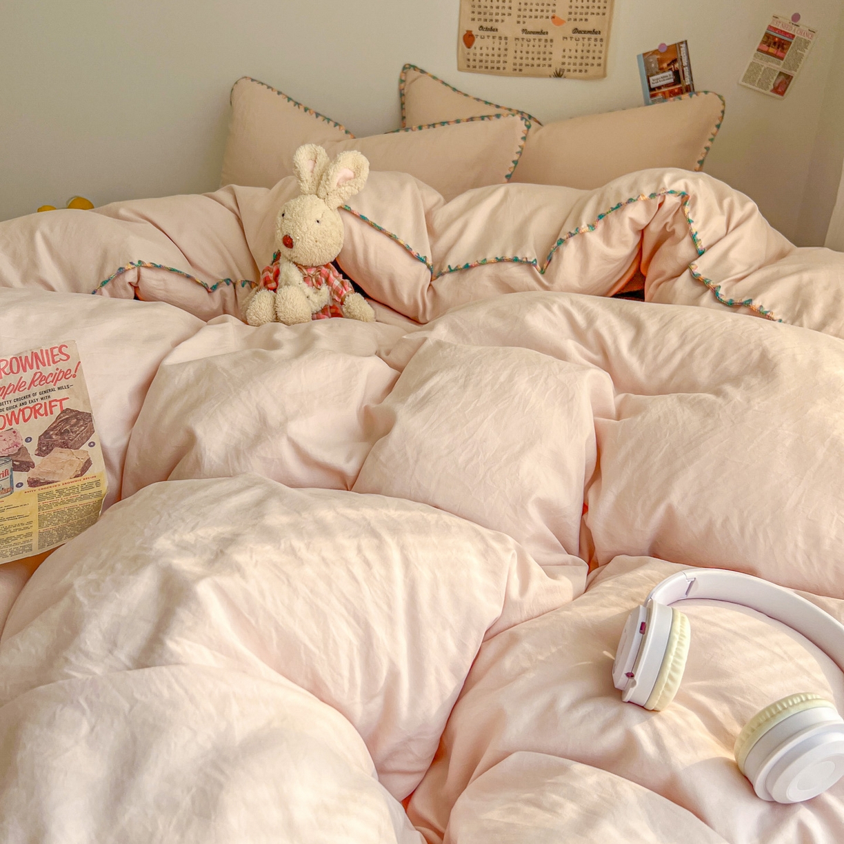 91家纺网 家纺一手货源 找家纺 冕悠家纺 2025新款A类七彩贝壳边水洗棉四件套-加微信提供买家秀2 七彩-藕粉