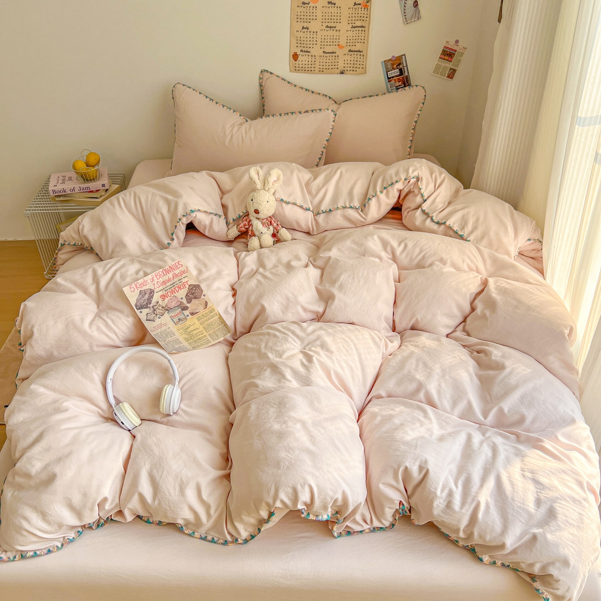 91家纺网 家纺一手货源 找家纺 冕悠家纺 2025新款A类七彩贝壳边水洗棉四件套-加微信提供买家秀2 七彩-藕粉