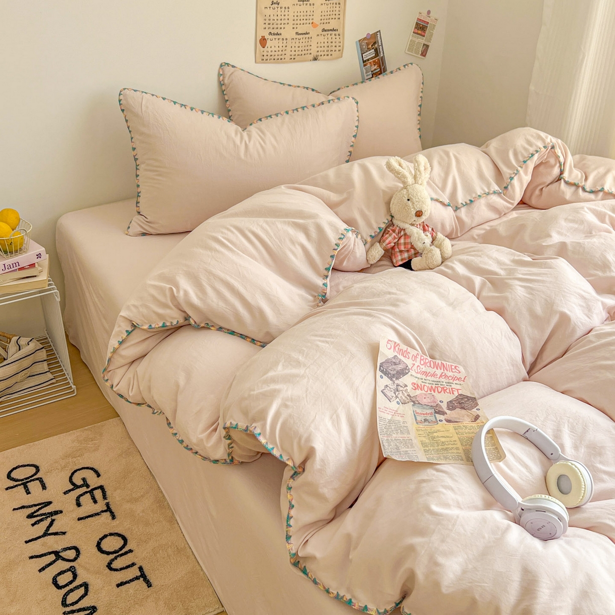 91家纺网 家纺一手货源 找家纺 冕悠家纺 2025新款A类七彩贝壳边水洗棉四件套-加微信提供买家秀2 七彩-藕粉