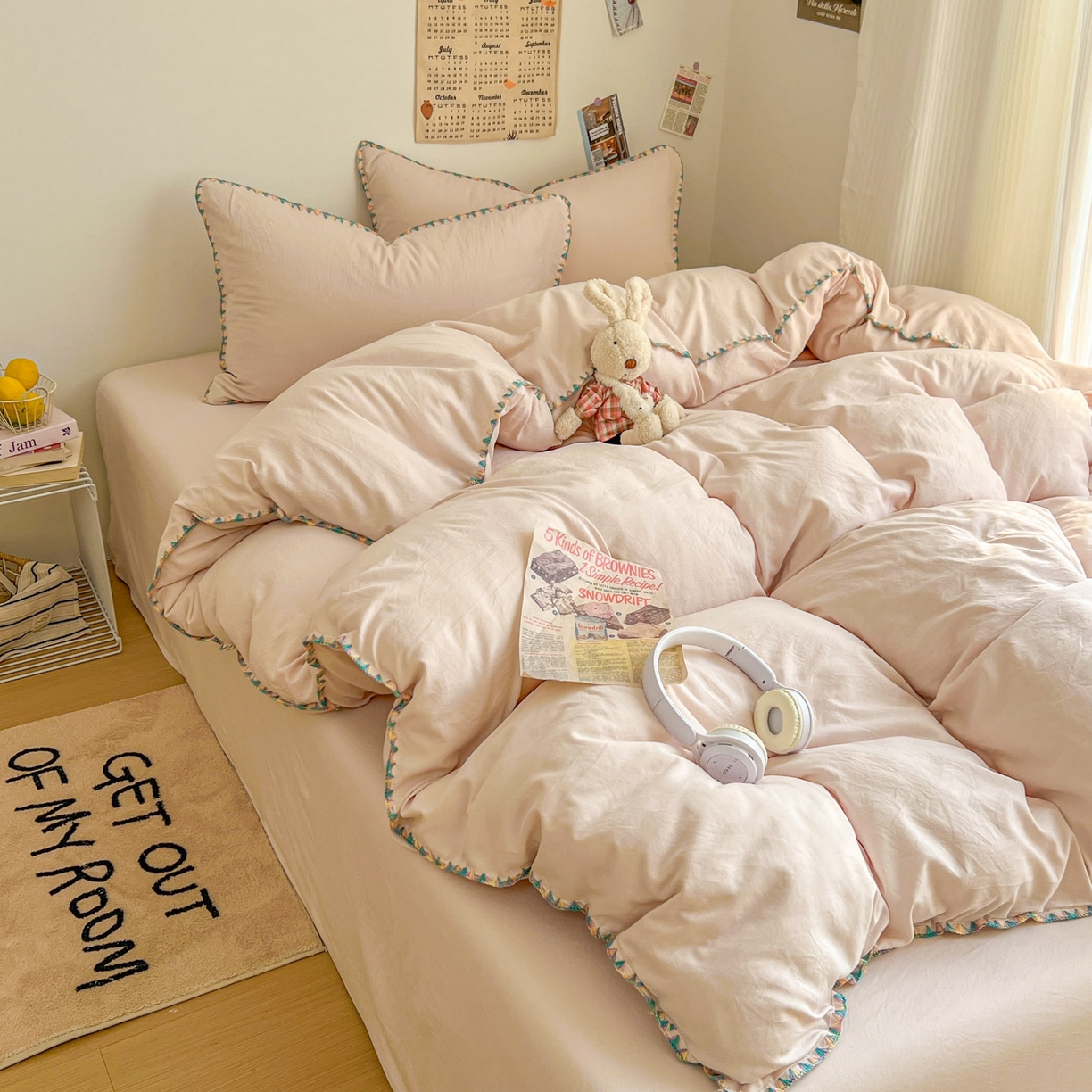 91家纺网 家纺一手货源 找家纺 冕悠家纺 2025新款A类七彩贝壳边水洗棉四件套-加微信提供买家秀2 七彩-藕粉