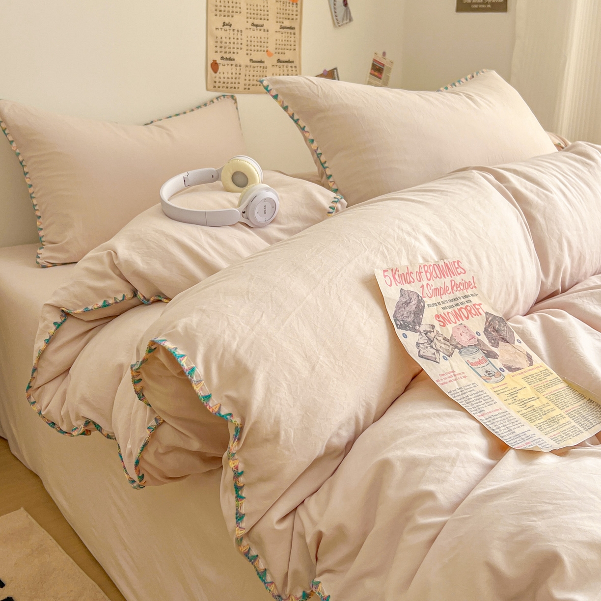 91家纺网 家纺一手货源 找家纺 冕悠家纺 2025新款A类七彩贝壳边水洗棉四件套-加微信提供买家秀2 七彩-藕粉