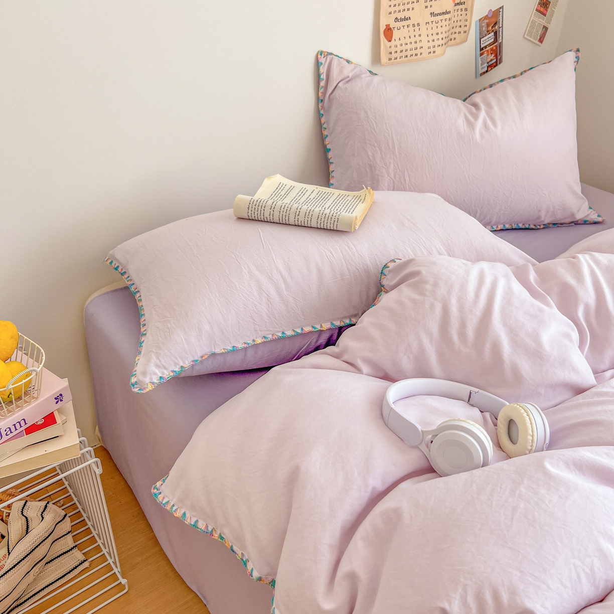 91家纺网 家纺一手货源 找家纺 冕悠家纺 2025新款A类七彩贝壳边水洗棉四件套-加微信提供买家秀2 七彩-深紫暮山紫