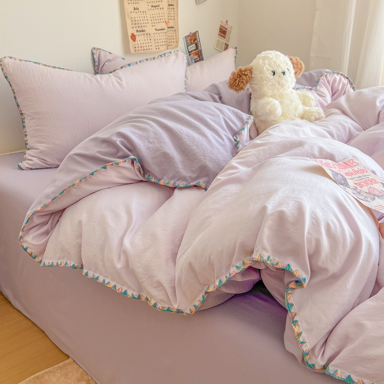 91家纺网 家纺一手货源 找家纺 冕悠家纺 2025新款A类七彩贝壳边水洗棉四件套-加微信提供买家秀2 七彩-深紫暮山紫