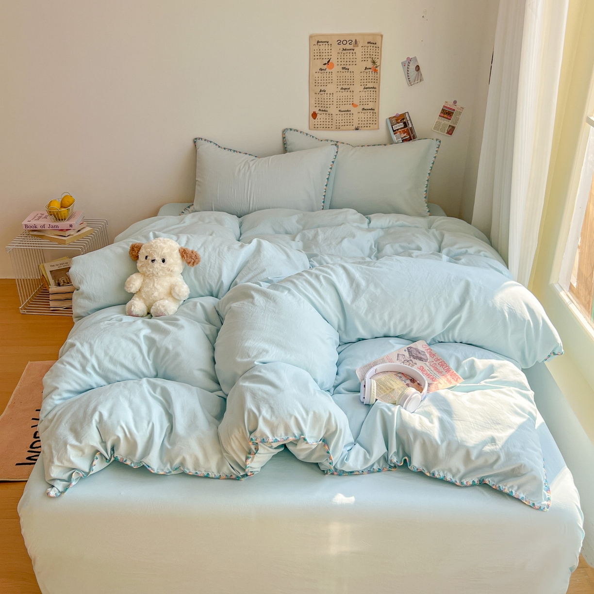 91家纺网 家纺一手货源 找家纺 冕悠家纺 2025新款A类七彩贝壳边水洗棉四件套-加微信提供买家秀2 七彩-云水蓝