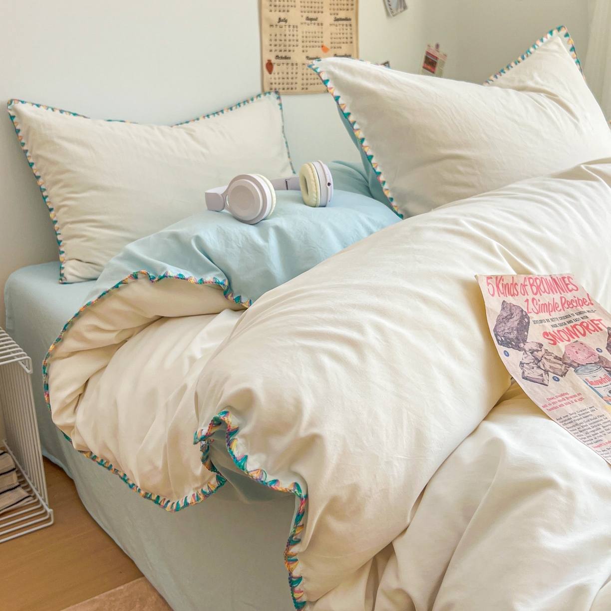 91家纺网 家纺一手货源 找家纺 冕悠家纺 2025新款A类七彩贝壳边水洗棉四件套-加微信提供买家秀2 七彩-云水蓝奶白