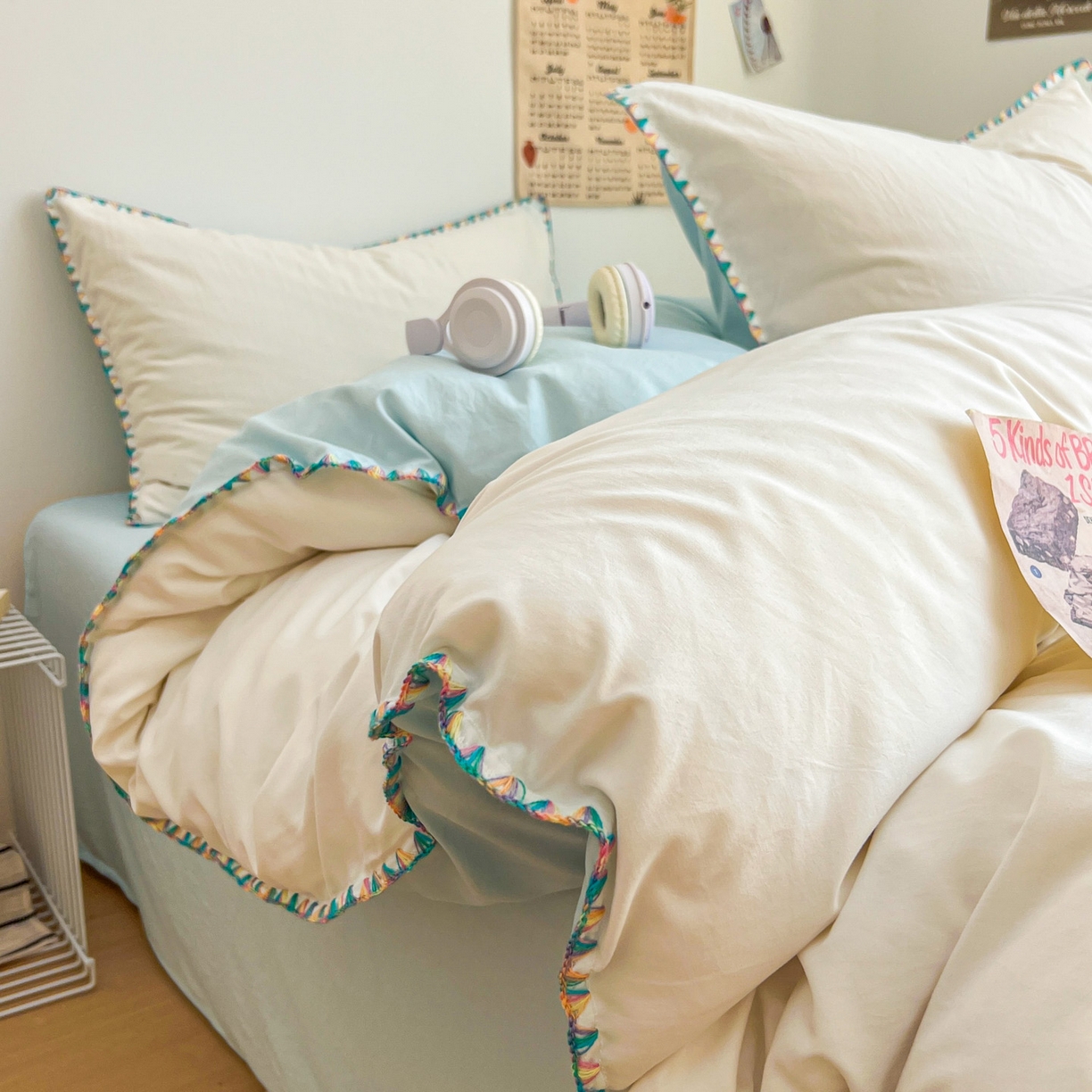 91家纺网 家纺一手货源 找家纺 冕悠家纺 2025新款A类七彩贝壳边水洗棉四件套-加微信提供买家秀2 七彩-云水蓝奶白