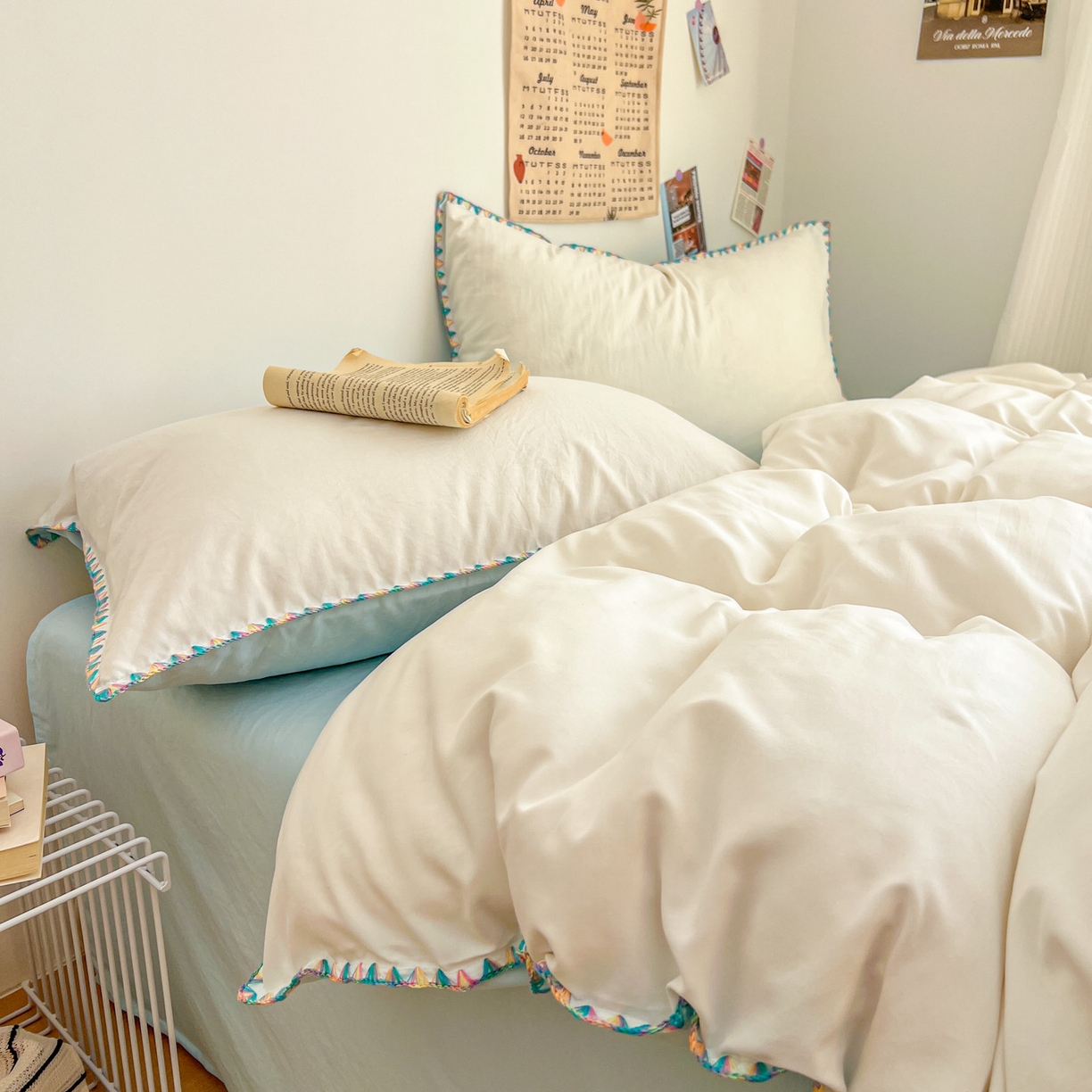 91家纺网 家纺一手货源 找家纺 冕悠家纺 2025新款A类七彩贝壳边水洗棉四件套-加微信提供买家秀2 七彩-云水蓝奶白