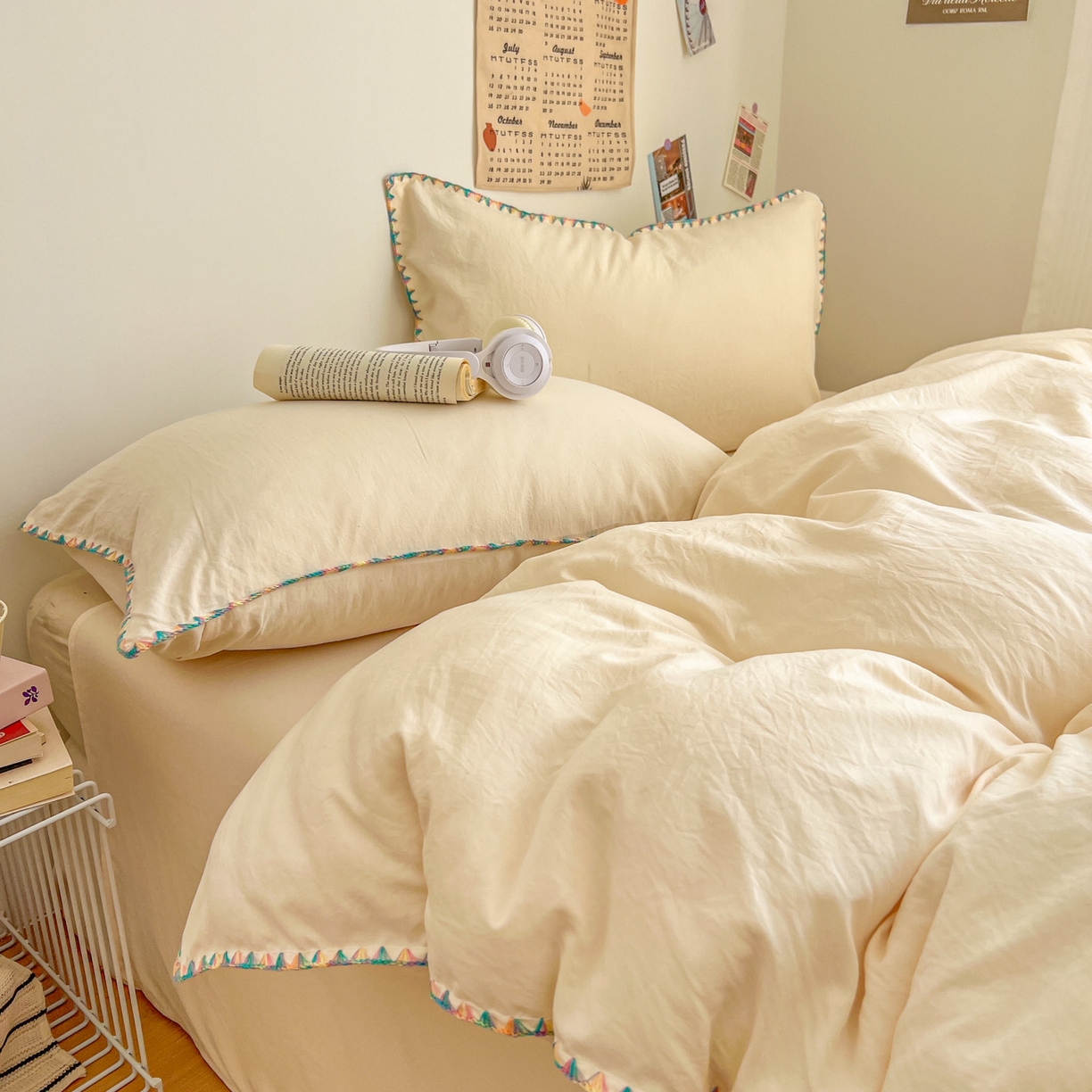 91家纺网 家纺一手货源 找家纺 冕悠家纺 2025新款A类七彩贝壳边水洗棉四件套-加微信提供买家秀2 七彩-芝士粉