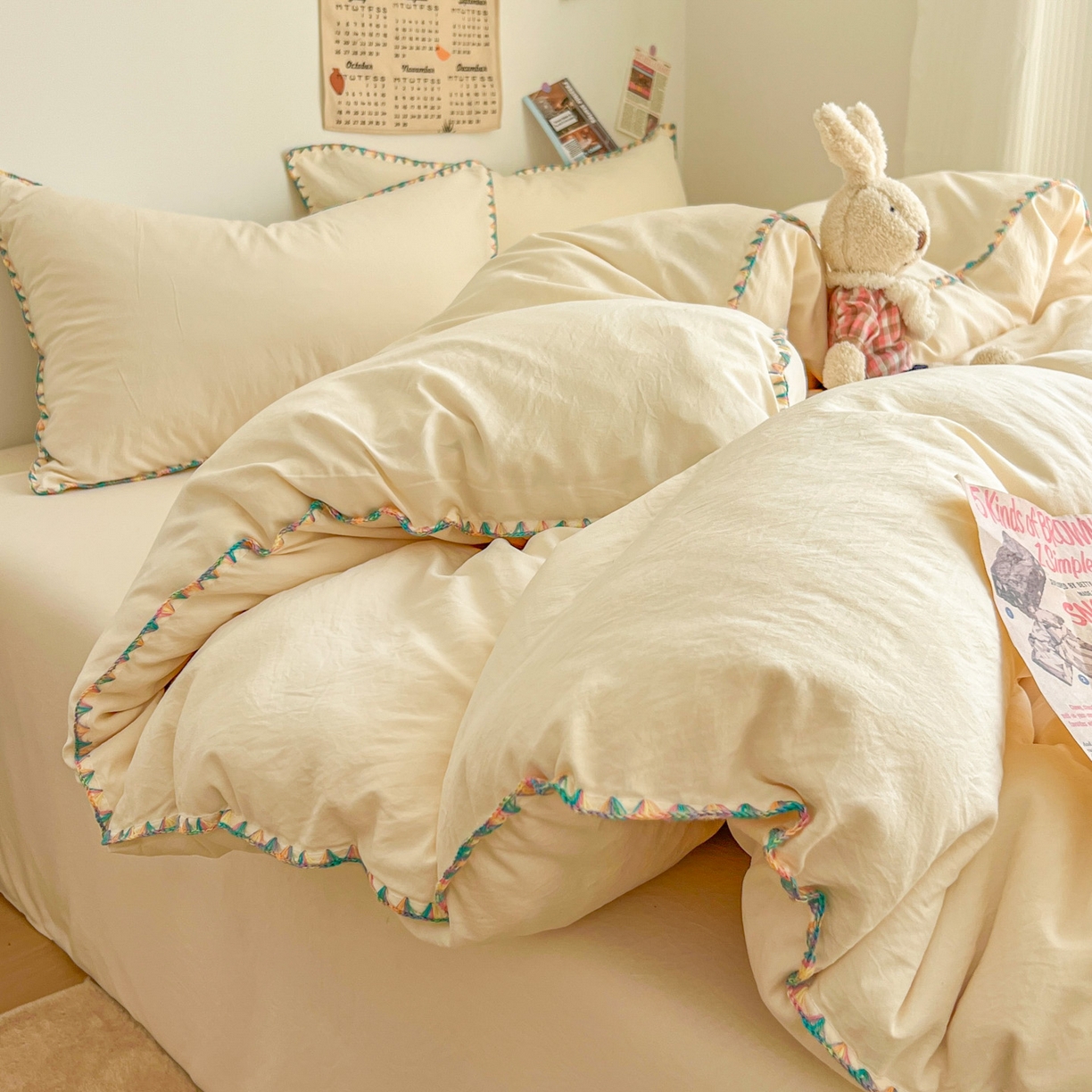 91家纺网 家纺一手货源 找家纺 冕悠家纺 2025新款A类七彩贝壳边水洗棉四件套-加微信提供买家秀2 七彩-芝士粉