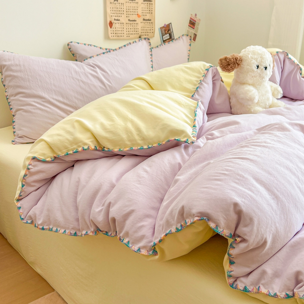 91家纺网 家纺一手货源 找家纺 冕悠家纺 2025新款A类七彩贝壳边水洗棉四件套-加微信提供买家秀2 七彩-芝士暮山紫