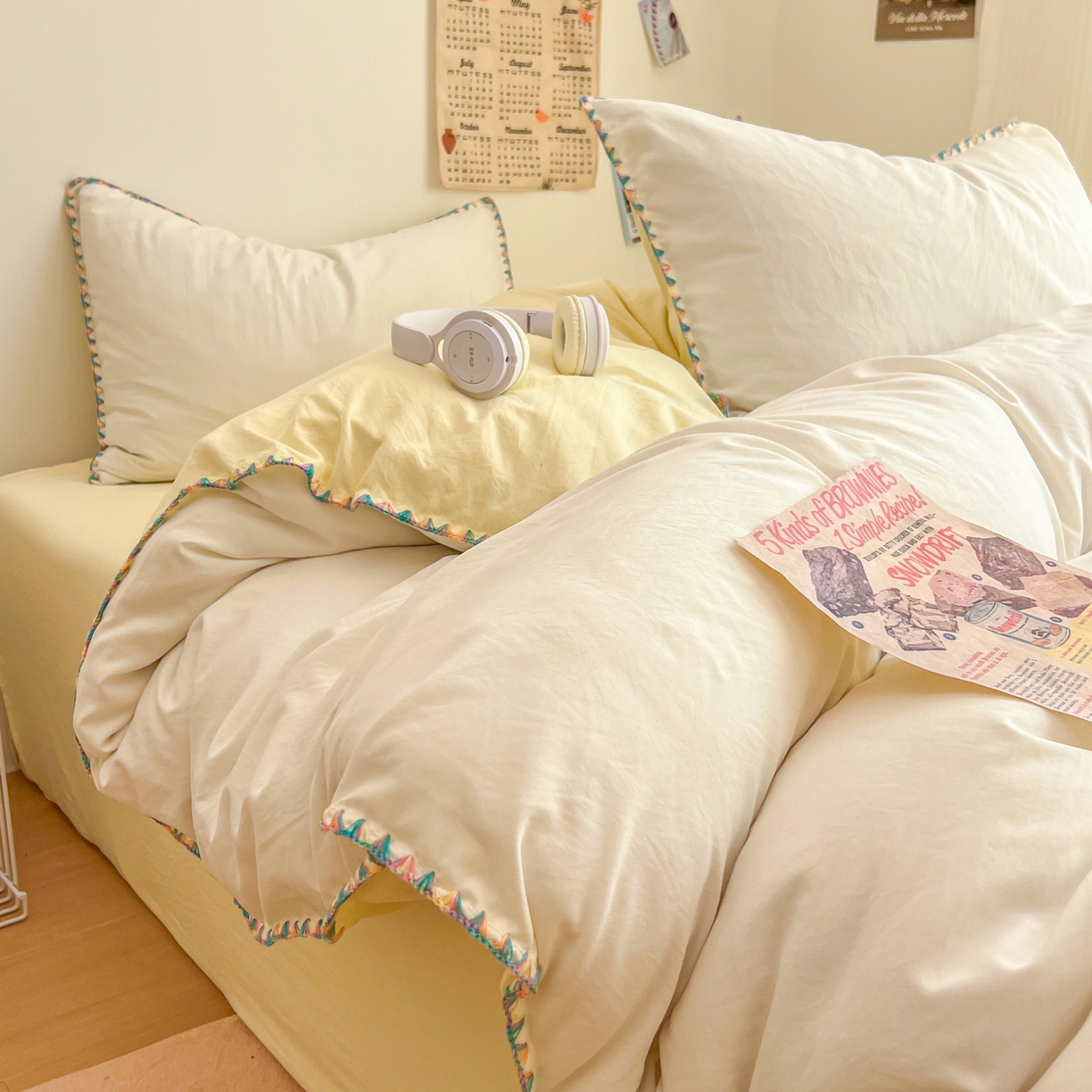 91家纺网 家纺一手货源 找家纺 冕悠家纺 2025新款A类七彩贝壳边水洗棉四件套-加微信提供买家秀2 七彩-芝士奶白