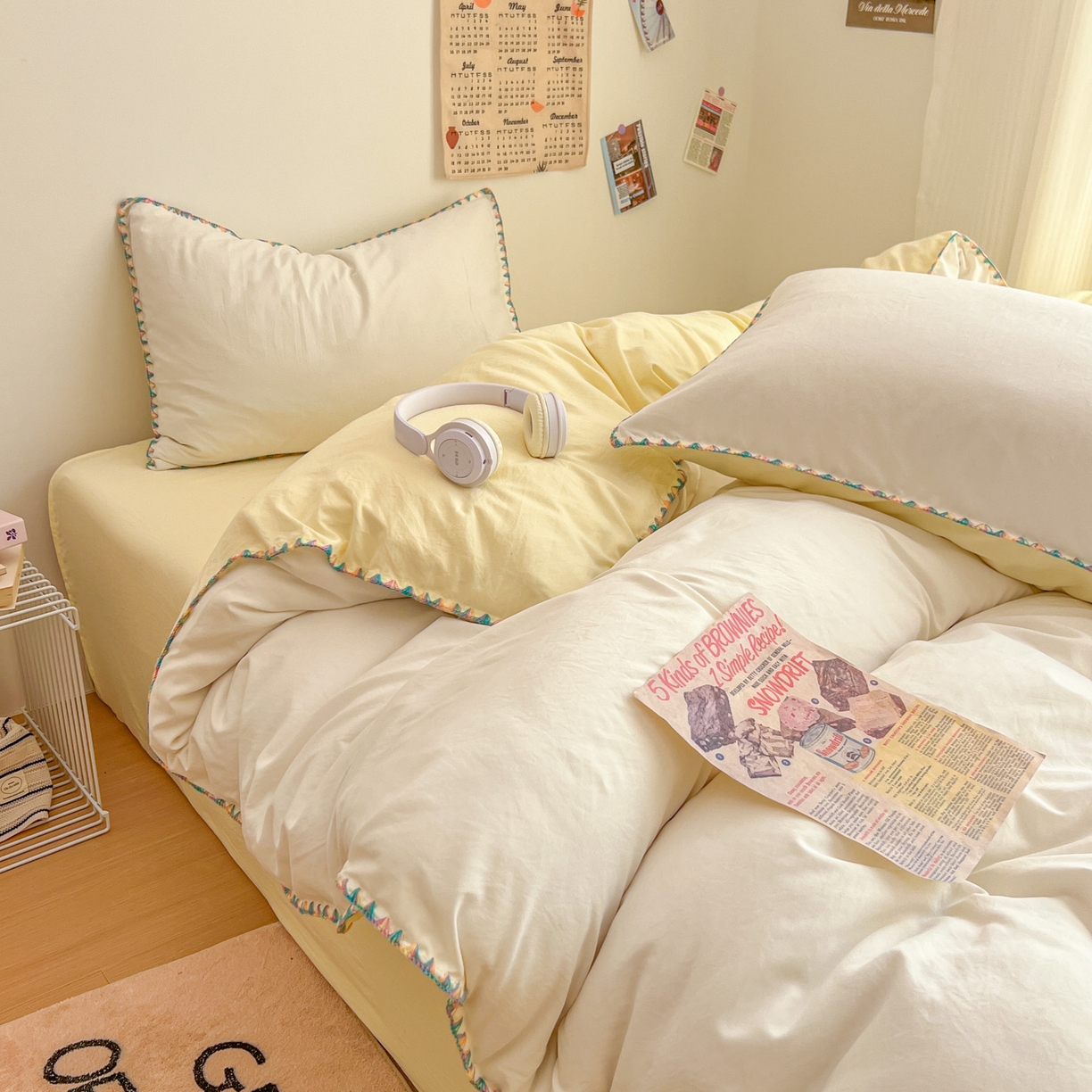 91家纺网 家纺一手货源 找家纺 冕悠家纺 2025新款A类七彩贝壳边水洗棉四件套-加微信提供买家秀2 七彩-芝士奶白