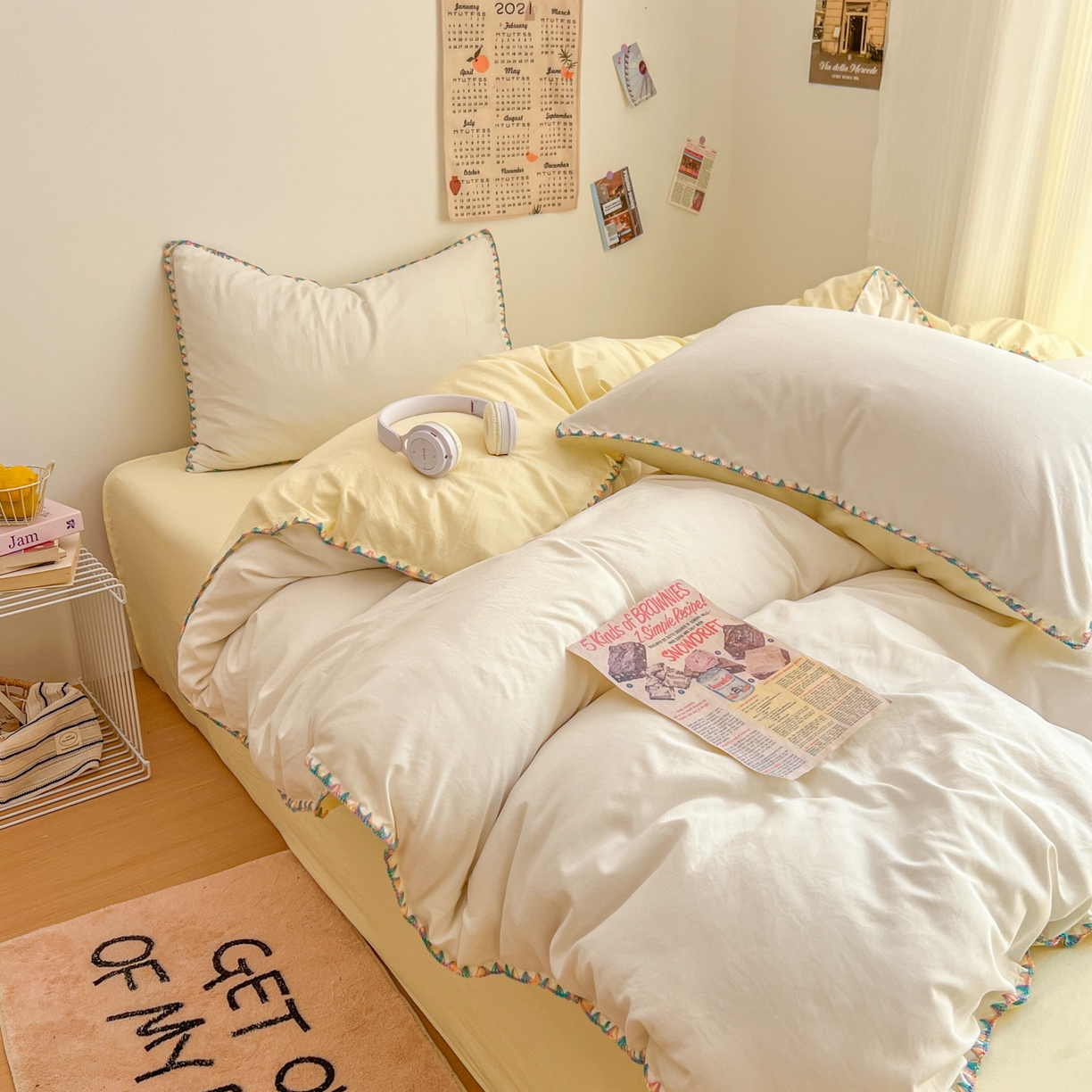 91家纺网 家纺一手货源 找家纺 冕悠家纺 2025新款A类七彩贝壳边水洗棉四件套-加微信提供买家秀2 七彩-芝士奶白