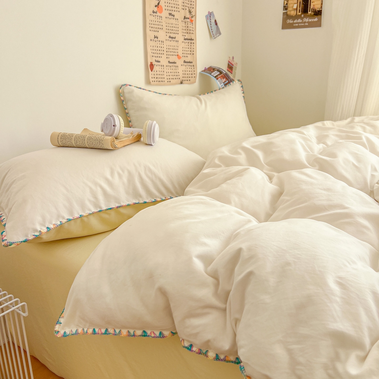 91家纺网 家纺一手货源 找家纺 冕悠家纺 2025新款A类七彩贝壳边水洗棉四件套-加微信提供买家秀2 七彩-芝士奶白