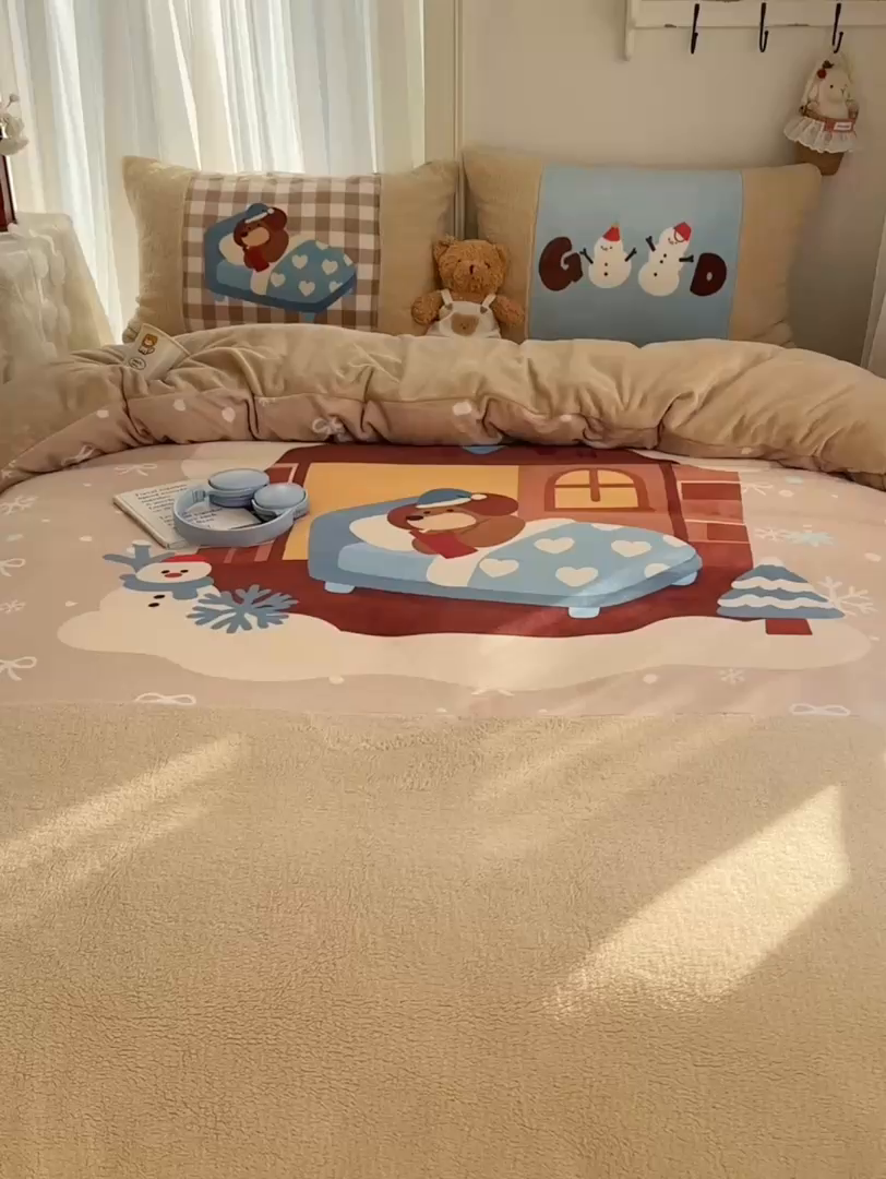 91家纺网 家纺一手货源 找家纺 Sweet dreams甜梦 2025秋冬数码大版牛奶绒泰迪绒拼接四件套 圣诞小狗