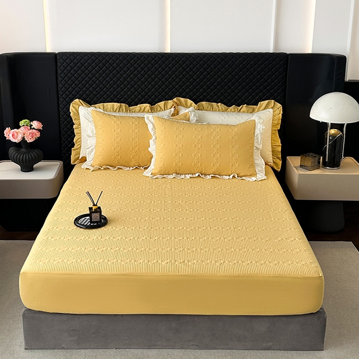 91家纺网 家纺一手货源 找家纺 紫碧螺家纺 2025新款全棉高精水洗棉床盖床笠系列 柳黄