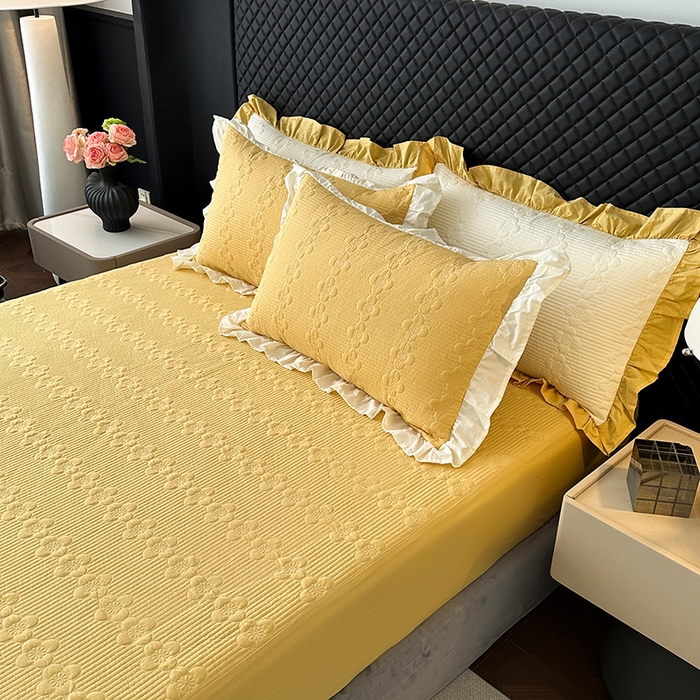 91家纺网 家纺一手货源 找家纺 紫碧螺家纺 2025新款全棉高精水洗棉床盖床笠系列 柳黄