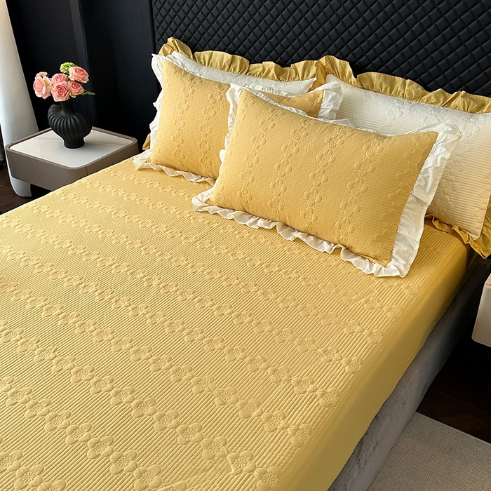 91家纺网 家纺一手货源 找家纺 紫碧螺家纺 2025新款全棉高精水洗棉床盖床笠系列 柳黄