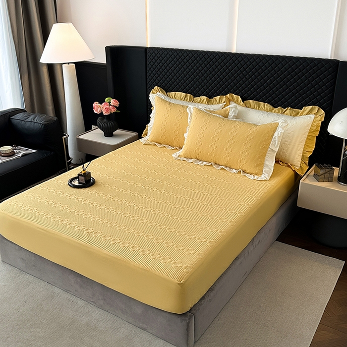 91家纺网 家纺一手货源 找家纺 紫碧螺家纺 2025新款全棉高精水洗棉床盖床笠系列 柳黄