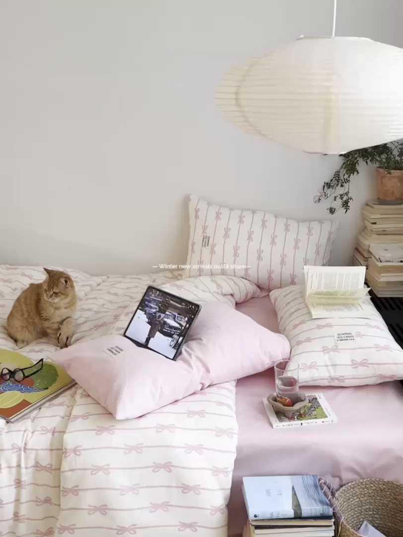 91家纺网 家纺一手货源 找家纺 六巷胡同 2026春夏新款INS博主风韩系蝴蝶结全棉四件套 丝带蝴蝶结-粉