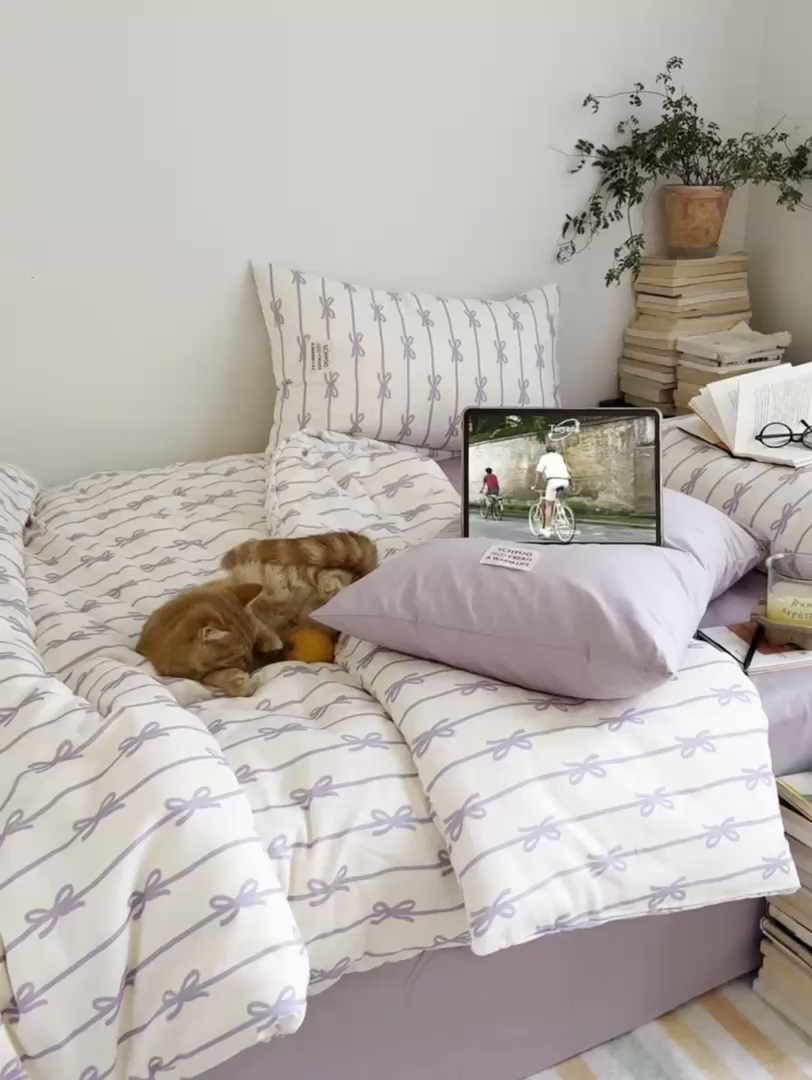 91家纺网 家纺一手货源 找家纺 六巷胡同 2026春夏新款INS博主风韩系蝴蝶结全棉四件套 丝带蝴蝶结-紫