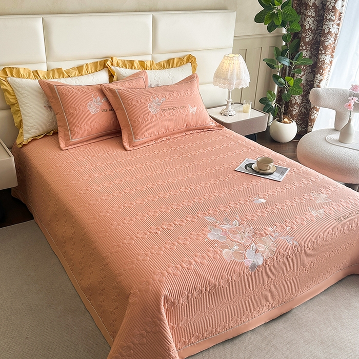 91家纺网 家纺一手货源 找家纺 紫碧螺家纺 2025新款全棉水洗绣花欧式床盖 梵高橙