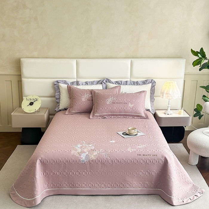 紫碧螺家纺 2025新款全棉水洗绣花欧式床盖 雅典灰