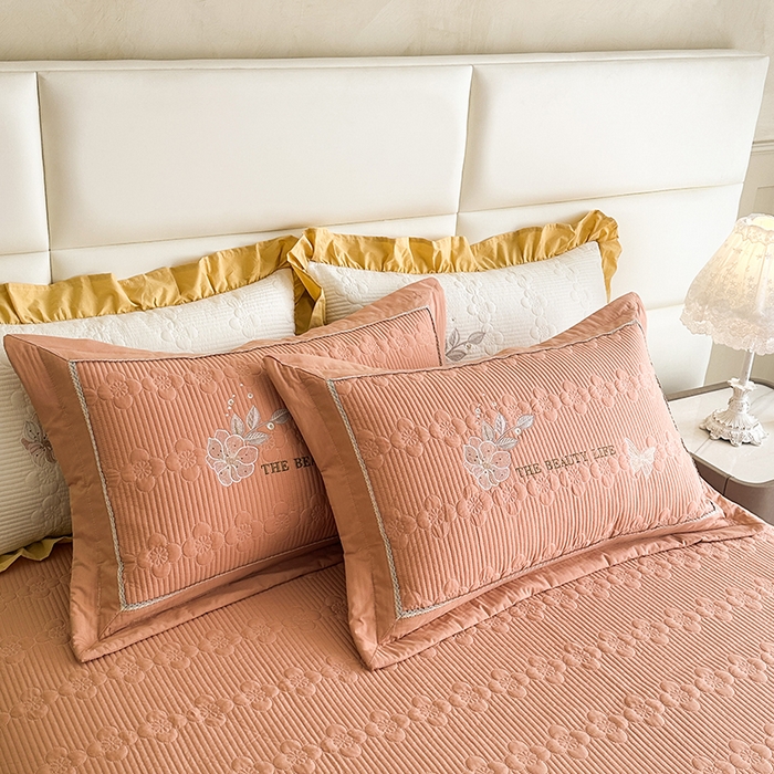 91家纺网 家纺一手货源 找家纺 紫碧螺家纺 2025新款全棉水洗绣花欧式床盖 梵高橙