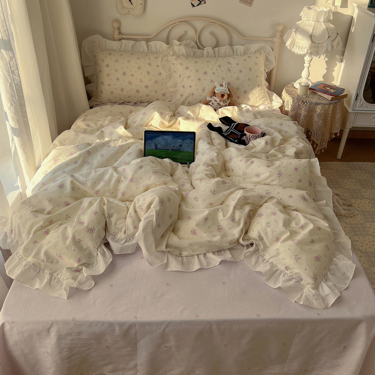 91家纺网 家纺一手货源 找家纺 六巷胡同 2026春夏新款INS博主风韩系小碎花全棉花边款四件套 贝芮