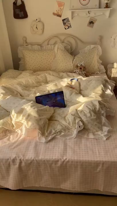 91家纺网 家纺一手货源 找家纺 六巷胡同 2026春夏新款INS博主风韩系小碎花全棉花边款四件套 浅栀