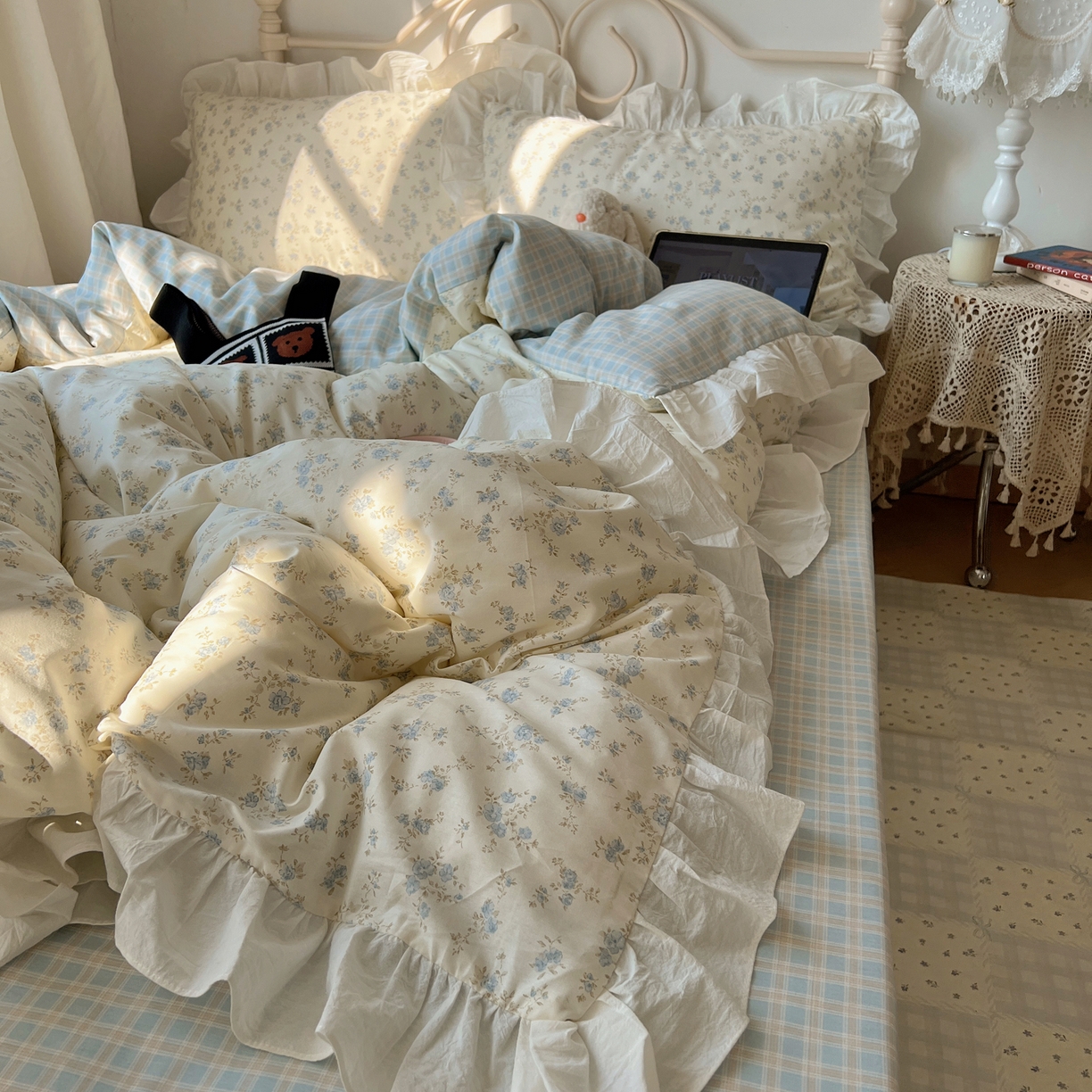 六巷胡同 2026春夏新款INS博主风韩系小碎花全棉花边款四件套 南乔