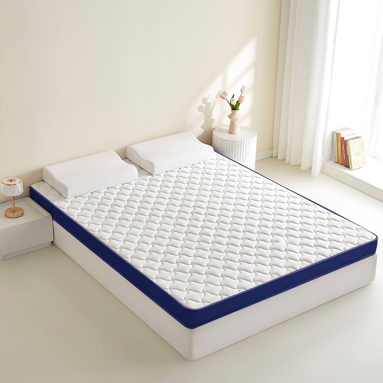 91家纺网 家纺一手货源 找家纺 芊梵床垫 2026新款乳胶记忆海绵床垫 白色-蓝边