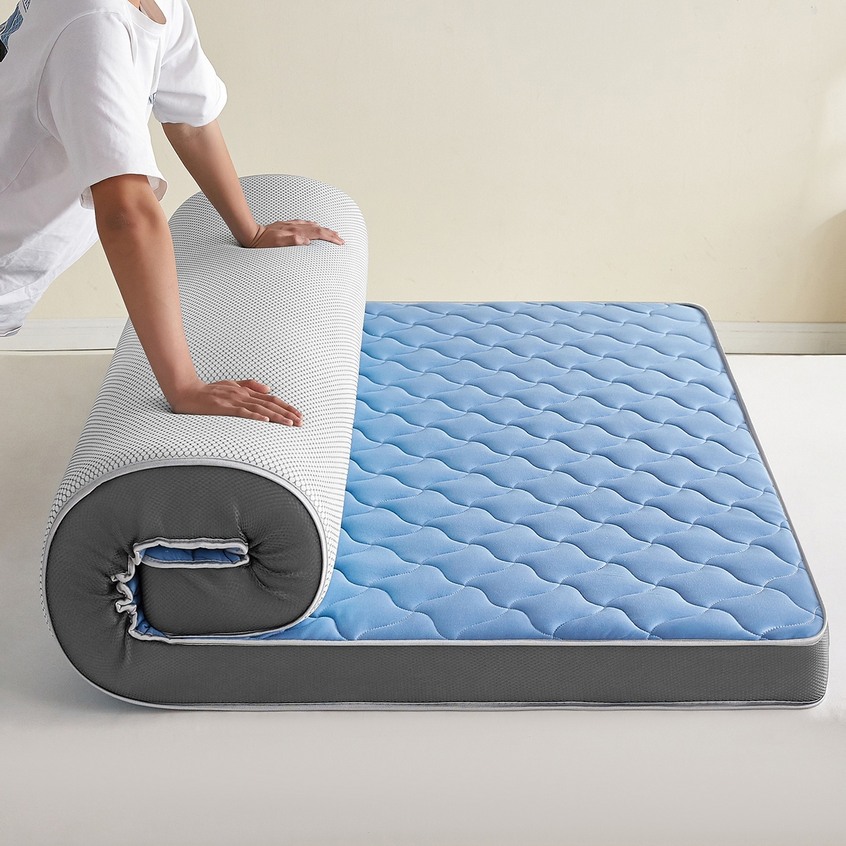 91家纺网 家纺一手货源 找家纺 芊梵床垫 2026新款乳胶记忆海绵床垫 蓝色-灰边