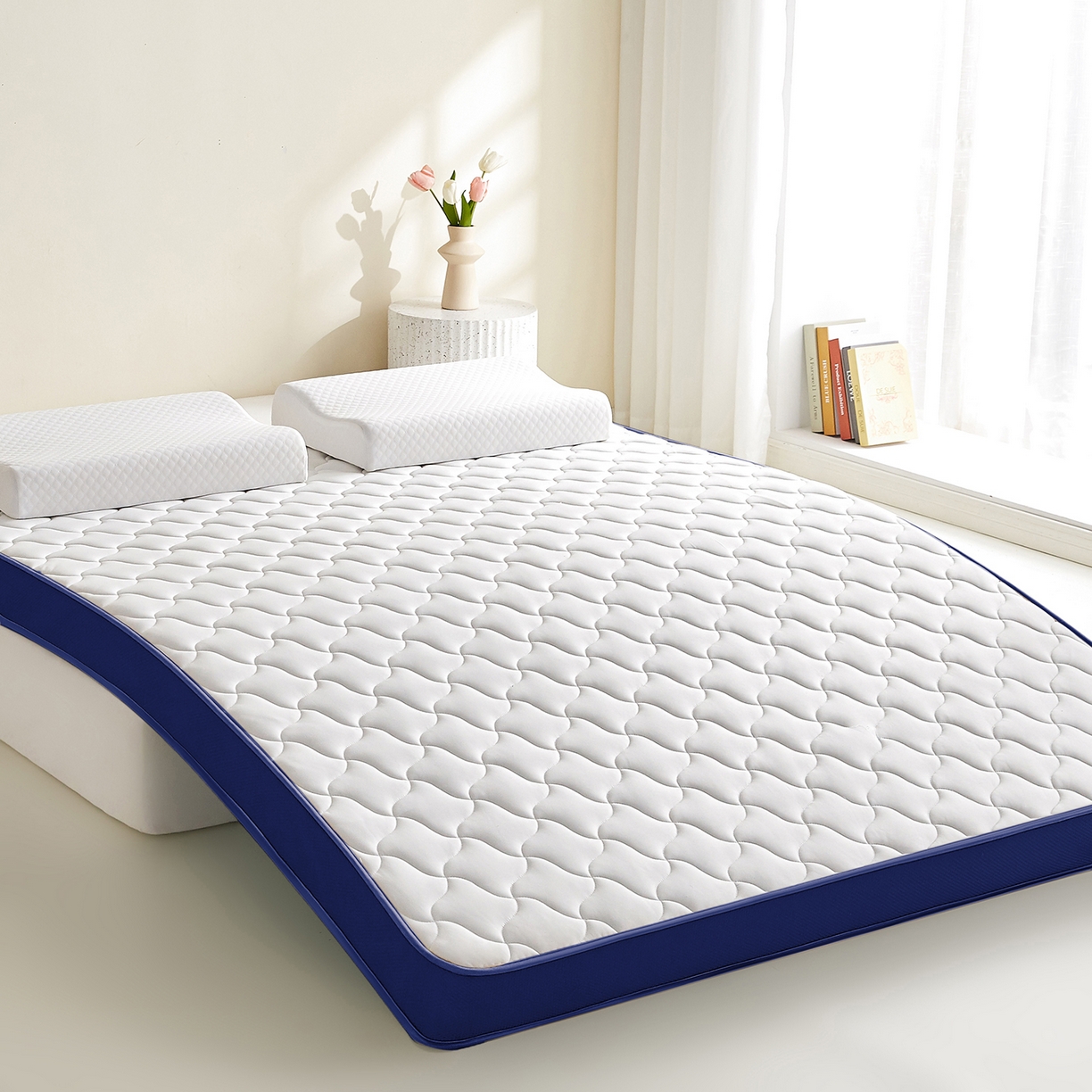 91家纺网 家纺一手货源 找家纺 芊梵床垫 2026新款乳胶记忆海绵床垫 白色-蓝边