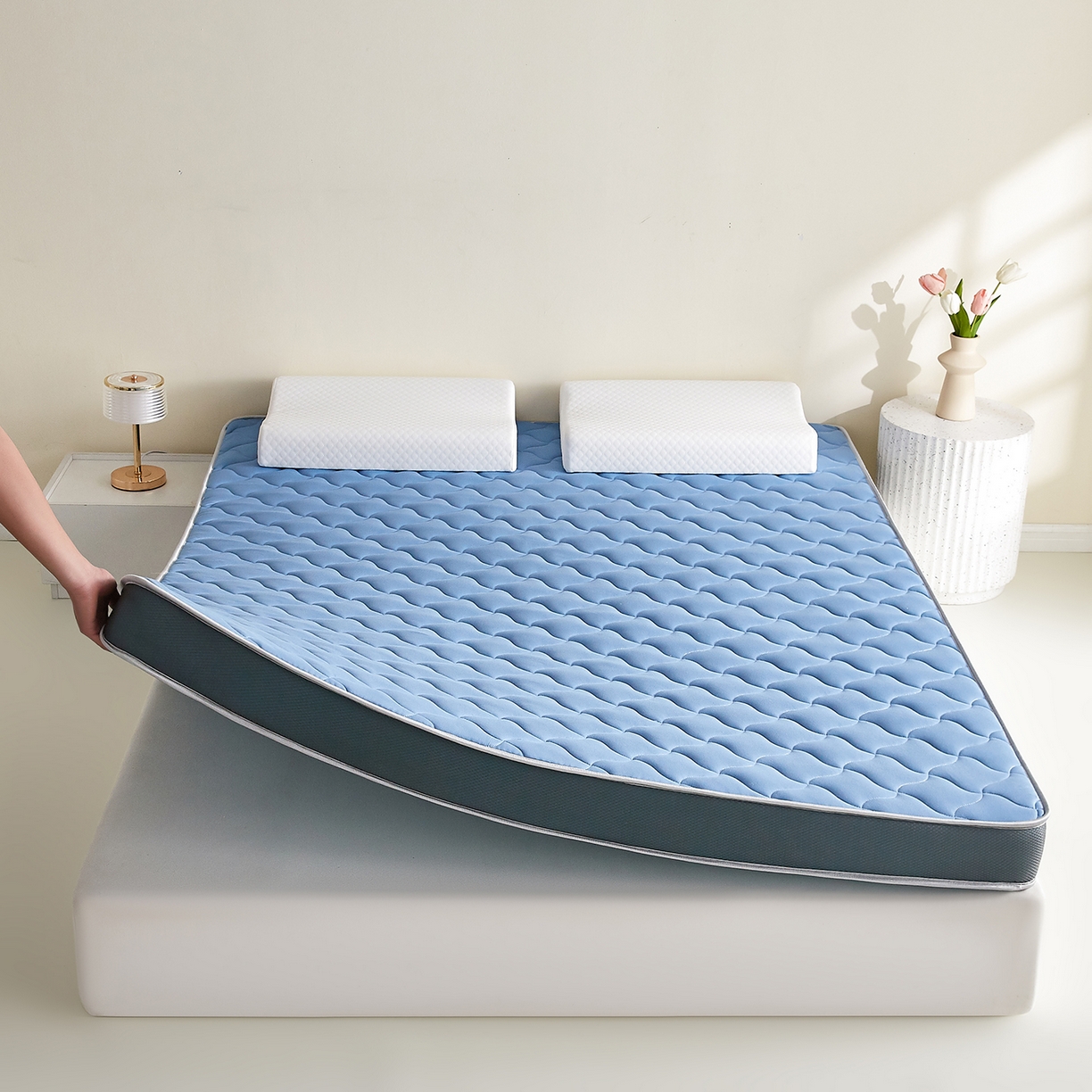 91家纺网 家纺一手货源 找家纺 芊梵床垫 2026新款乳胶记忆海绵床垫 蓝色-灰边
