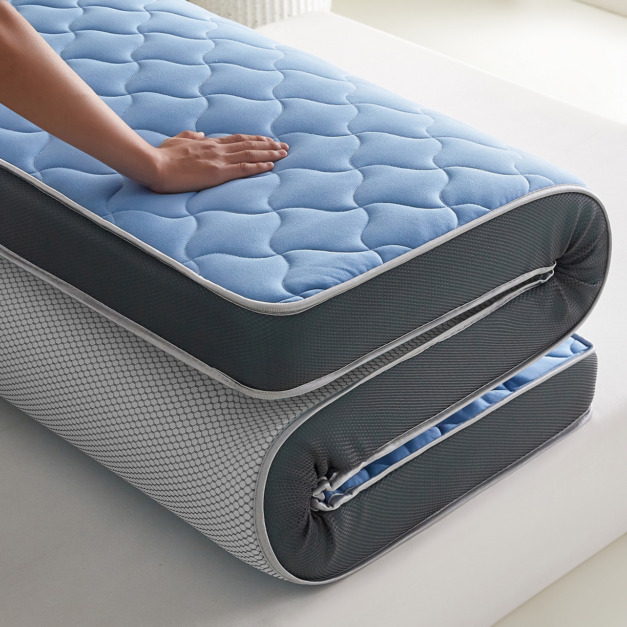 91家纺网 家纺一手货源 找家纺 芊梵床垫 2026新款乳胶记忆海绵床垫 蓝色-灰边