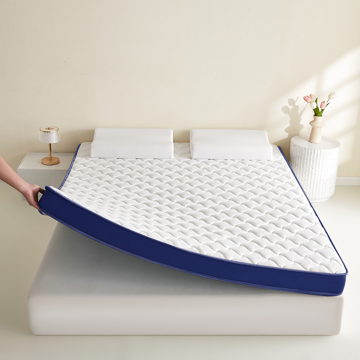 91家纺网 家纺一手货源 找家纺 芊梵床垫 2026新款乳胶记忆海绵床垫 白色-蓝边