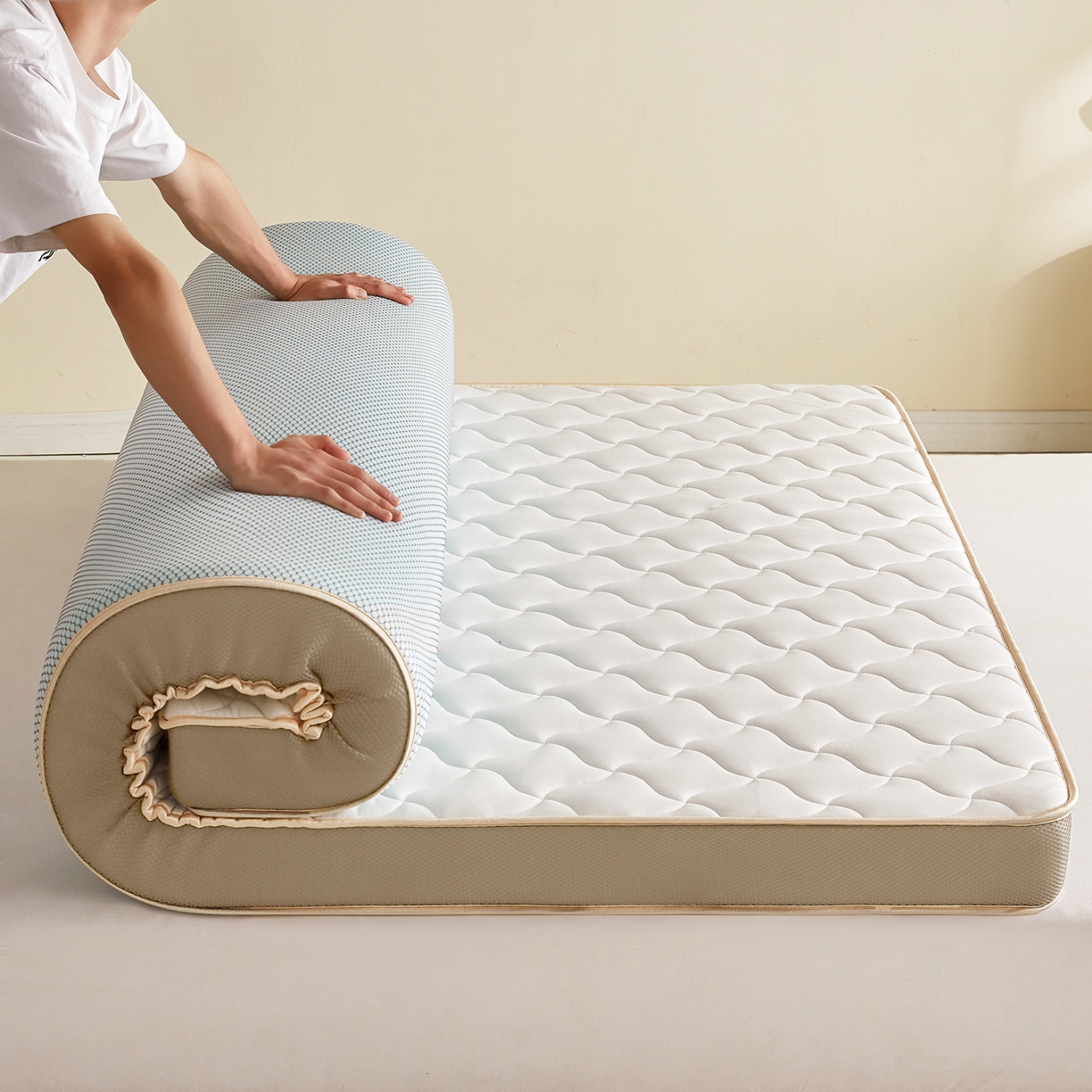 91家纺网 家纺一手货源 找家纺 芊梵床垫 2026新款乳胶记忆海绵床垫 白色-蓝边