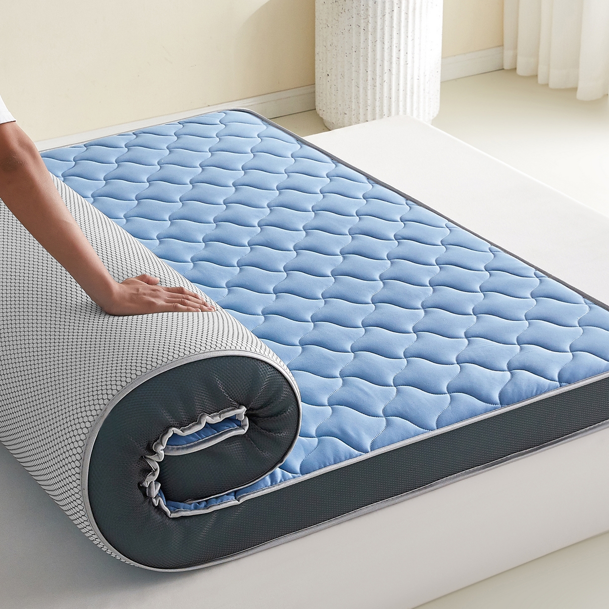 91家纺网 家纺一手货源 找家纺 芊梵床垫 2026新款乳胶记忆海绵床垫 蓝色-灰边