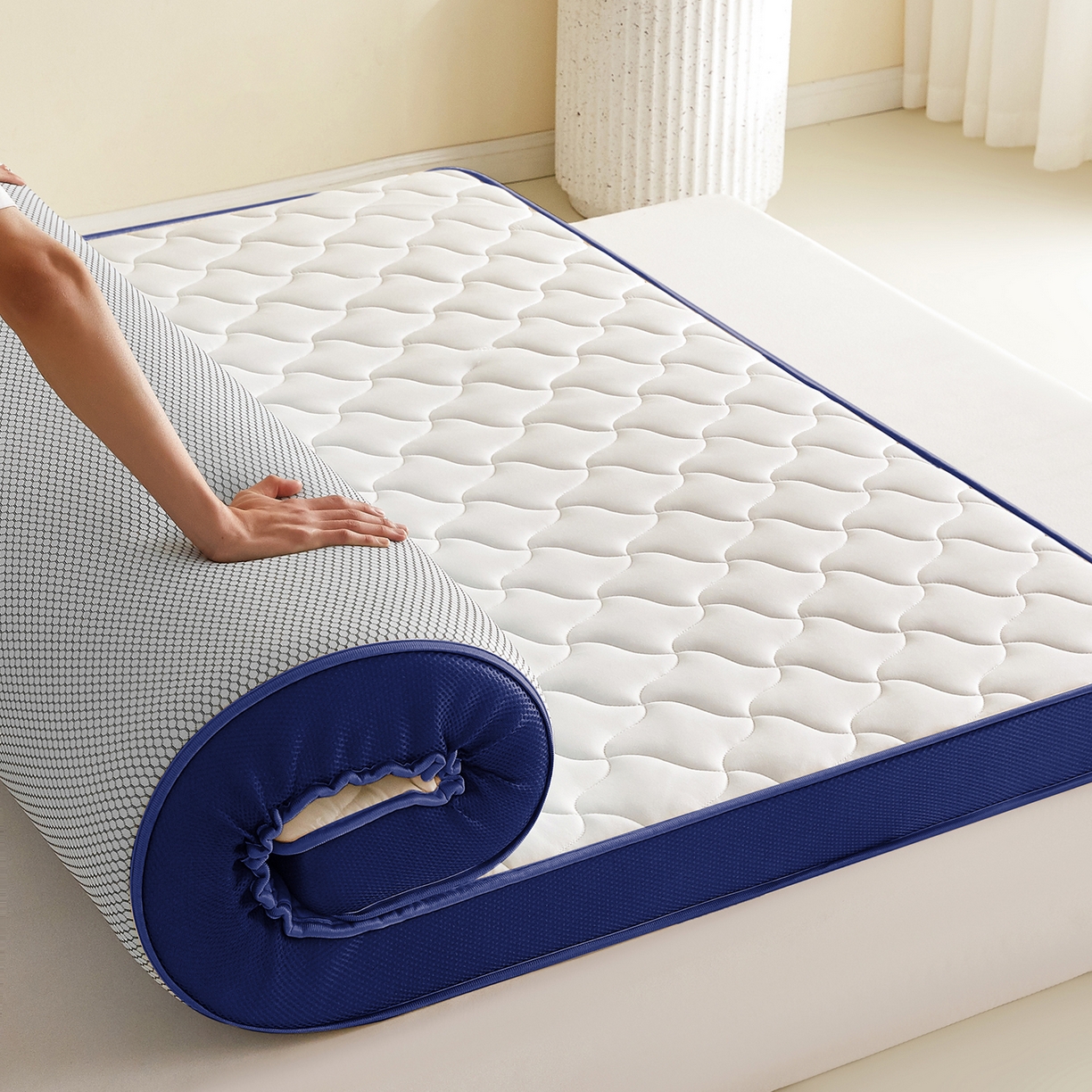 91家纺网 家纺一手货源 找家纺 芊梵床垫 2026新款乳胶记忆海绵床垫 白色-蓝边