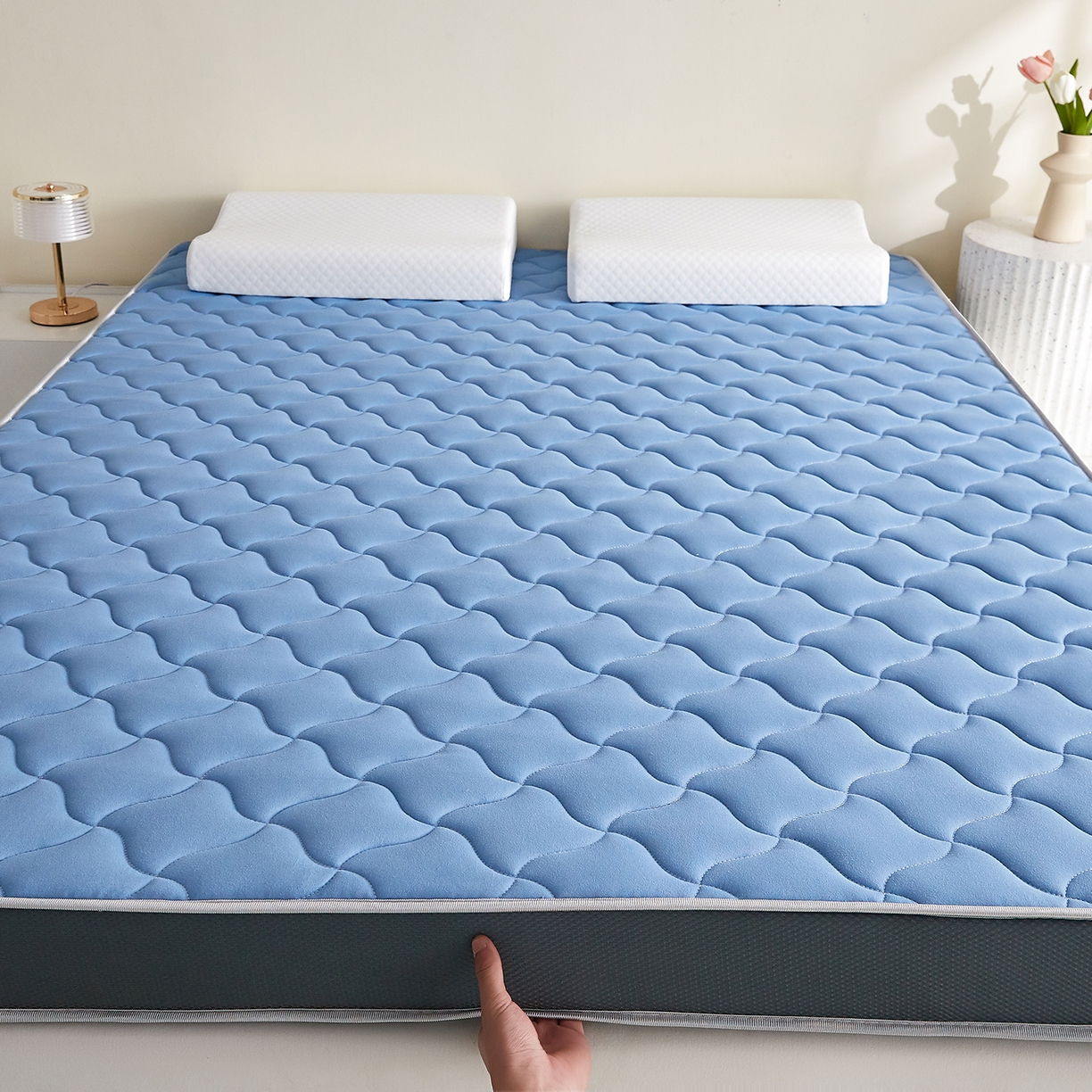 91家纺网 家纺一手货源 找家纺 芊梵床垫 2026新款乳胶记忆海绵床垫 蓝色-灰边
